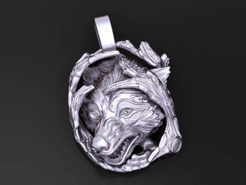 Feral Wolf Pendant Diamond Eyes Twisted Branch Frame 3D Jewelry Model 3D Print Model