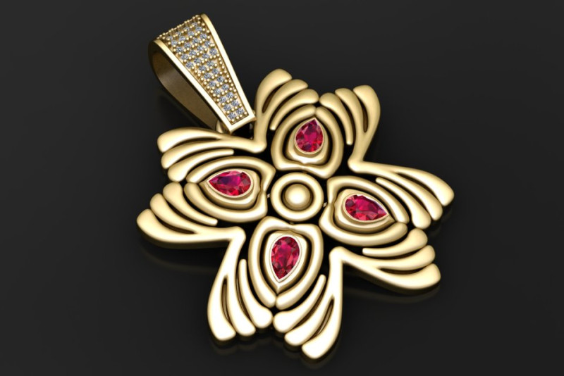 Promienny wisiorek z rubinowym kwiatem Model biżuterii do druku 3D Model do druku 3D .c4d .max .obj .3ds .fbx .stl .blend 