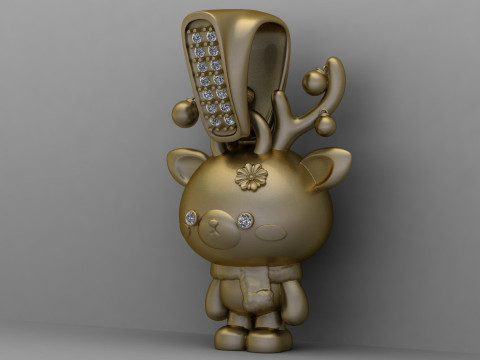 Golden Reindeer Chibi Pendant Cute Winter Charm Jewelry 3D Print Model