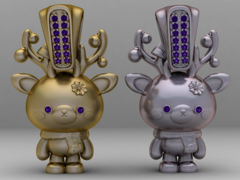 Golden Reindeer Chibi Pendant Cute Winter Charm Jewelry 3D Print Model