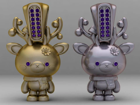 Golden Reindeer Chibi Pendant Cute Winter Charm Jewelry 3D Print Model