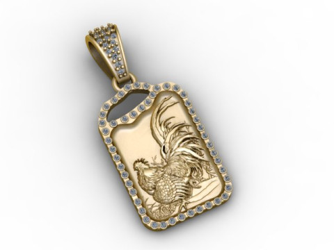 Imperial Rooster Tag Pendant Diamond Framed Engraved Jewelry STL 3D Print Model