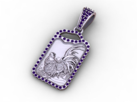 Imperial Rooster Tag Pendant Diamond Framed Engraved Jewelry STL 3D Print Model