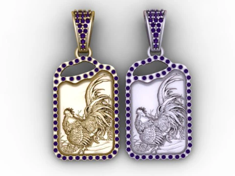 Imperial Rooster Tag Pendant Diamond Framed Engraved Jewelry STL 3D Print Model