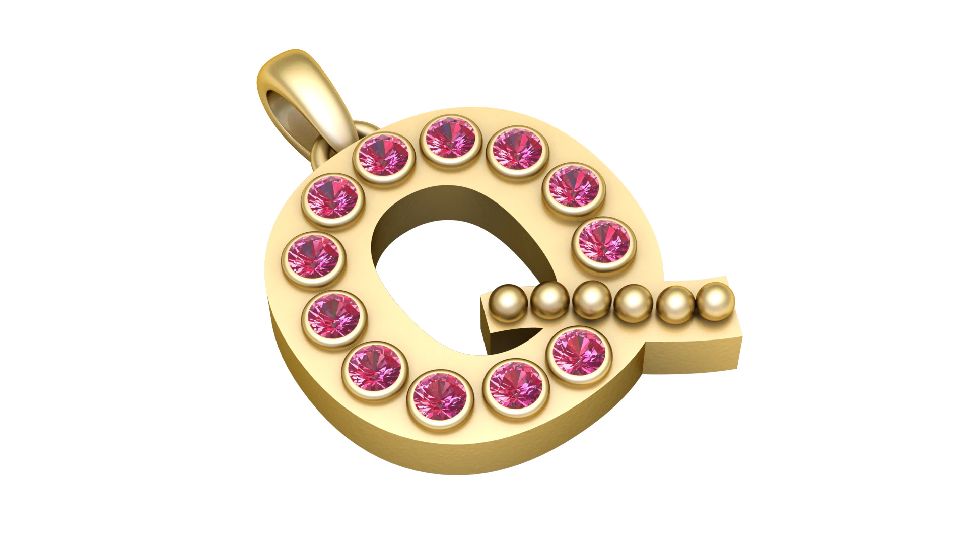 Q Initial Pendant Gold Alphabet Pendant with Ruby Stones 3D Print Model .c4d .max .obj .3ds .fbx .stl .blend