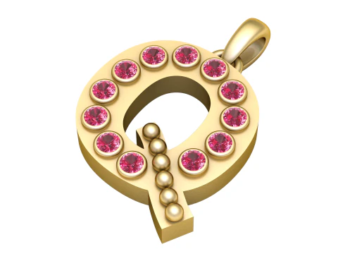 Q Initial Pendant Gold Alphabet Pendant with Ruby Stones 3D Print Model