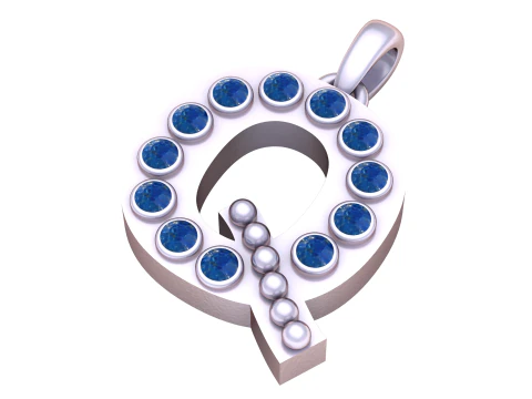 Q Initial Pendant Gold Alphabet Pendant with Ruby Stones 3D Print Model
