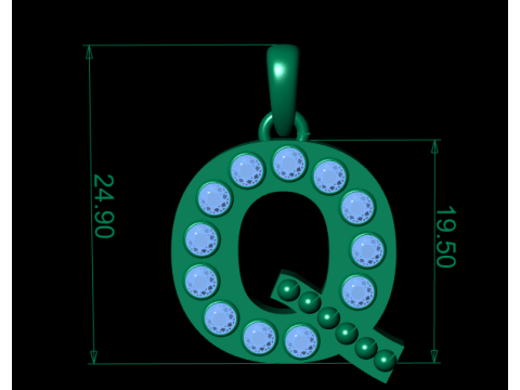 Q 首字母吊坠黄金字母吊坠配红宝石 3D 打印模型
