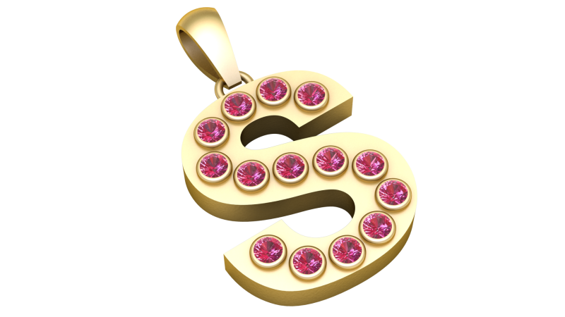 Goldene Alphabet-Halskette mit S-Anfangsanhänger und Rubin-Edelsteinen 3D Druckmodell .c4d .max .obj .3ds .fbx .stl .blend 