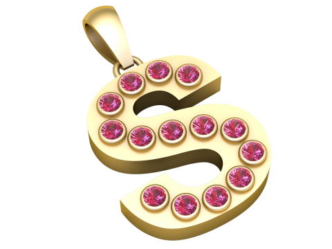 Goldene Alphabet-Halskette mit S-Anfangsanhänger und Rubin-Edelsteinen 3D Druckmodell