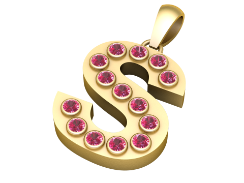 Goldene Alphabet-Halskette mit S-Anfangsanhänger und Rubin-Edelsteinen 3D Druckmodell