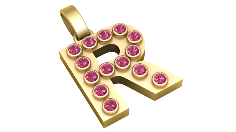 R Initial Gold Pendant Ruby Stone Alphabet Necklace 3D Print Model .c4d .max .obj .3ds .fbx .stl .blend 