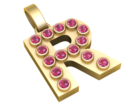 R-Initial-Goldanhänger mit Rubinstein-Alphabet-Halskette 3D Druckmodell