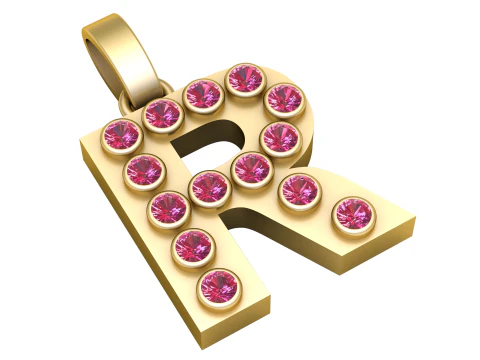 R Harfli Altın Kolye Yakut Taşlı Alfabe Kolye 3D Baskı Modeli