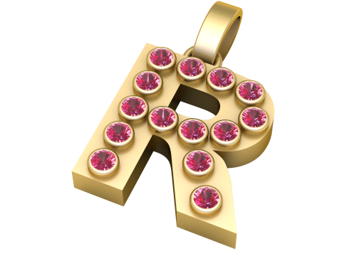 R Initial Gold Pendant Ruby Stone Alphabet Necklace 3D Print Model