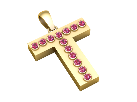 T 이니셜 골드 펜던트 루비 스톤 알파벳 목걸이 3D 프린트 모델