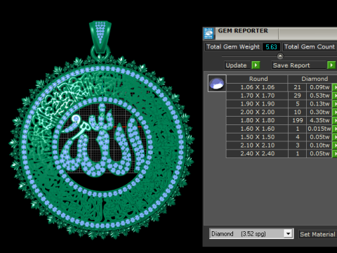 로얄 꽃 알라 서예 펜던트 높은 세부 묘사 3D 인쇄 가능한 보석 모델 3D 프린트 모델