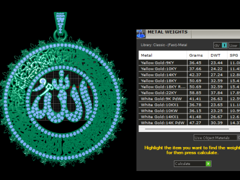 에메랄드 폐하 알라 서예 펜던트 럭셔리 3D 인쇄 가능한 보석 모델 3D 프린트 모델
