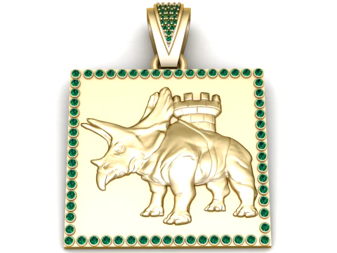Liontin Benteng Triceratops Emas Bingkai Zamrud Perhiasan Mewah 3D yang Dapat Dicetak Model Cetak 3D