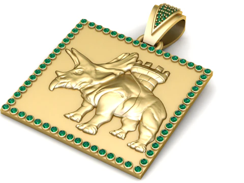 Golden Triceratops Fortress Pendant Emerald Frame Luxury 3D Printable Jewelry 3D Print Model