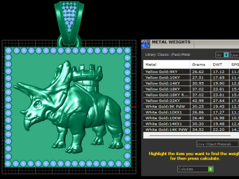 Golden Triceratops Fortress Pendant Emerald Frame Luxury 3D Printable Jewelry 3D Print Model