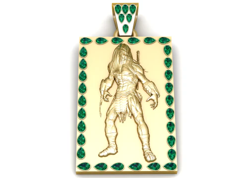 Liontin Prajurit Predator Emas Bingkai Zamrud Perhiasan Mewah 3D yang Dapat Dicetak Model Cetak 3D