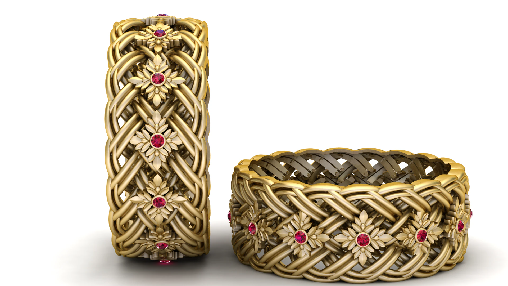 Royal Gold Braided Floral Band Ring with Ruby Stones 3D Print Model .c4d .max .obj .3ds .fbx .stl .blend