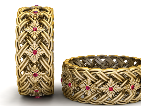 Royal Gold geflochtener floraler Bandring mit Rubinsteinen 3D Druckmodell