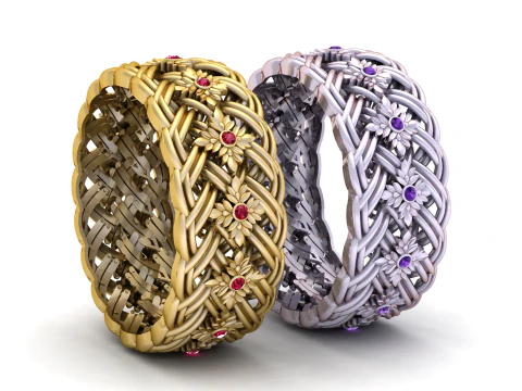 Royal Gold Braided Floral Band Ring with Ruby Stones 3D Print Model