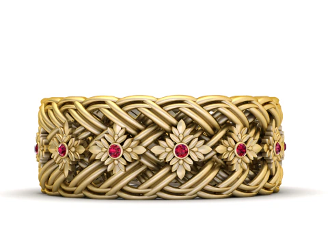 Royal Gold Braided Floral Band Ring with Ruby Stones 3D Print Model