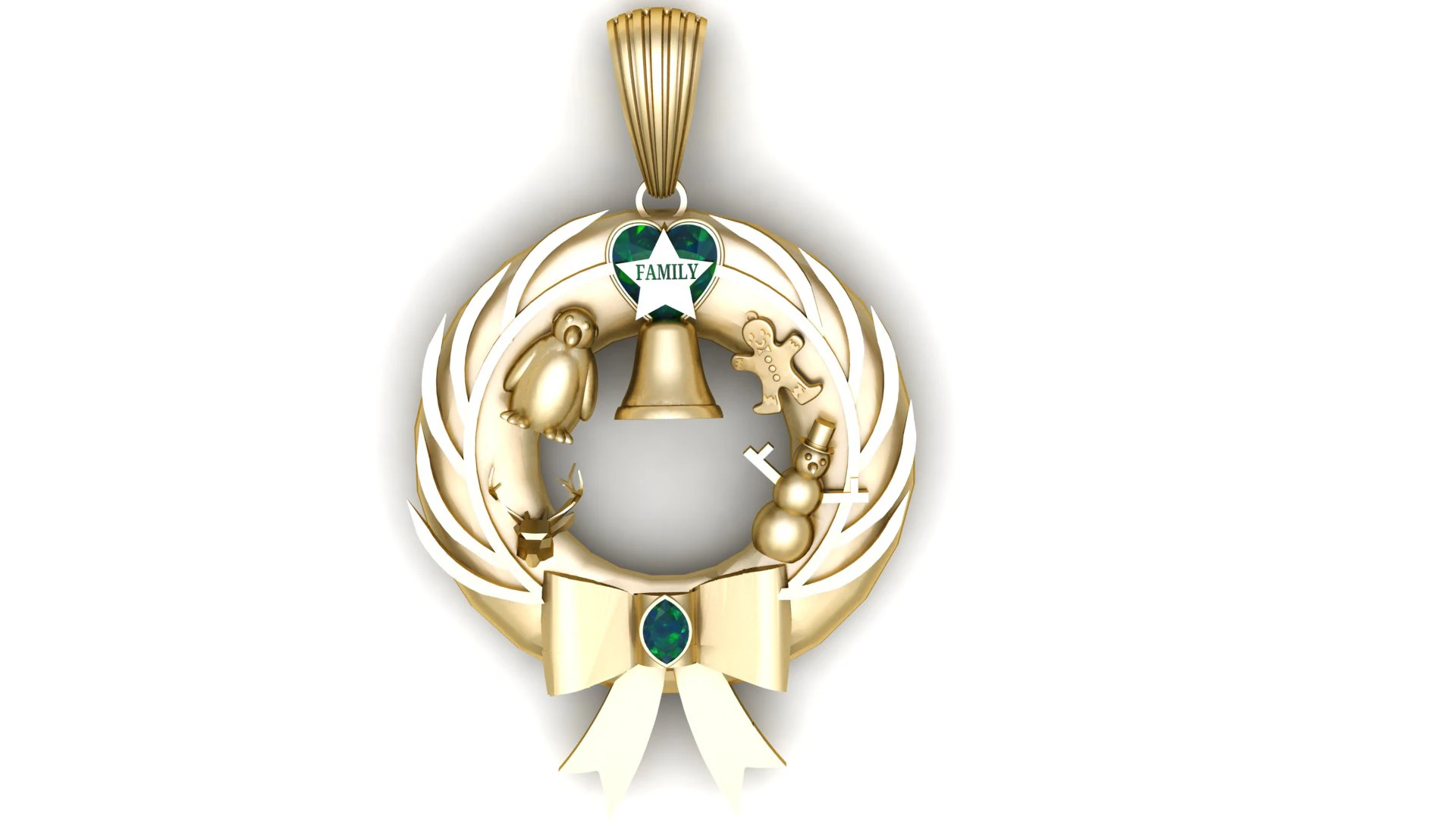 Golden Family Wreath Pendant Christmas Memory Charm with Holiday Icons 3D Printable Jewelry 3D Print Model .c4d .max .obj .3ds .fbx .stl .blend 