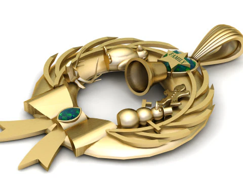 Golden Family Wreath Pendant Christmas Memory Charm with Holiday Icons 3D Printable Jewelry 3D Print Model