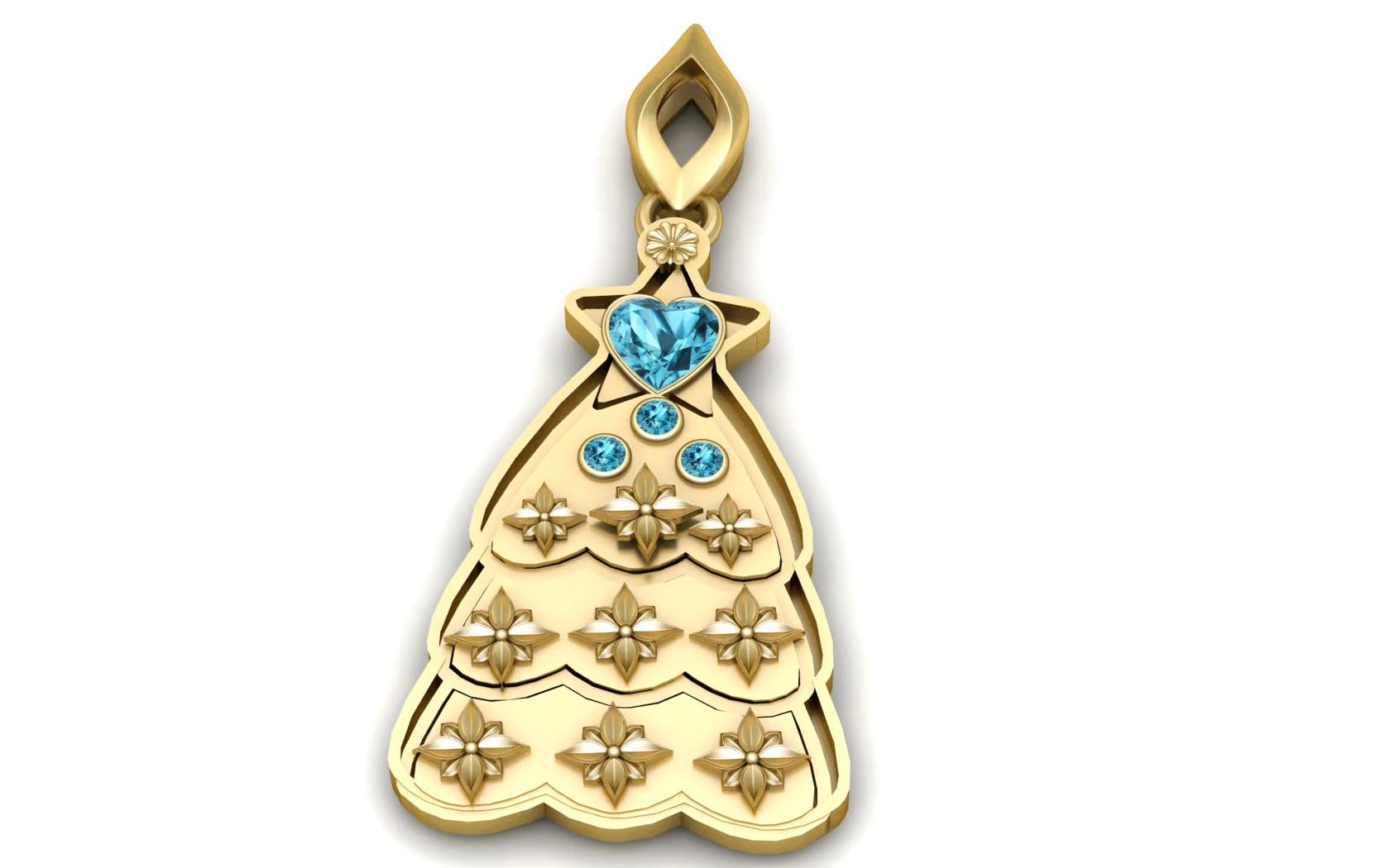 Celestial Heart Tree Pendant Golden Christmas Tree with Blue Gemstones 3D Printable Jewelry 3D Print Model .c4d .max .obj .3ds .fbx .stl .blend 
