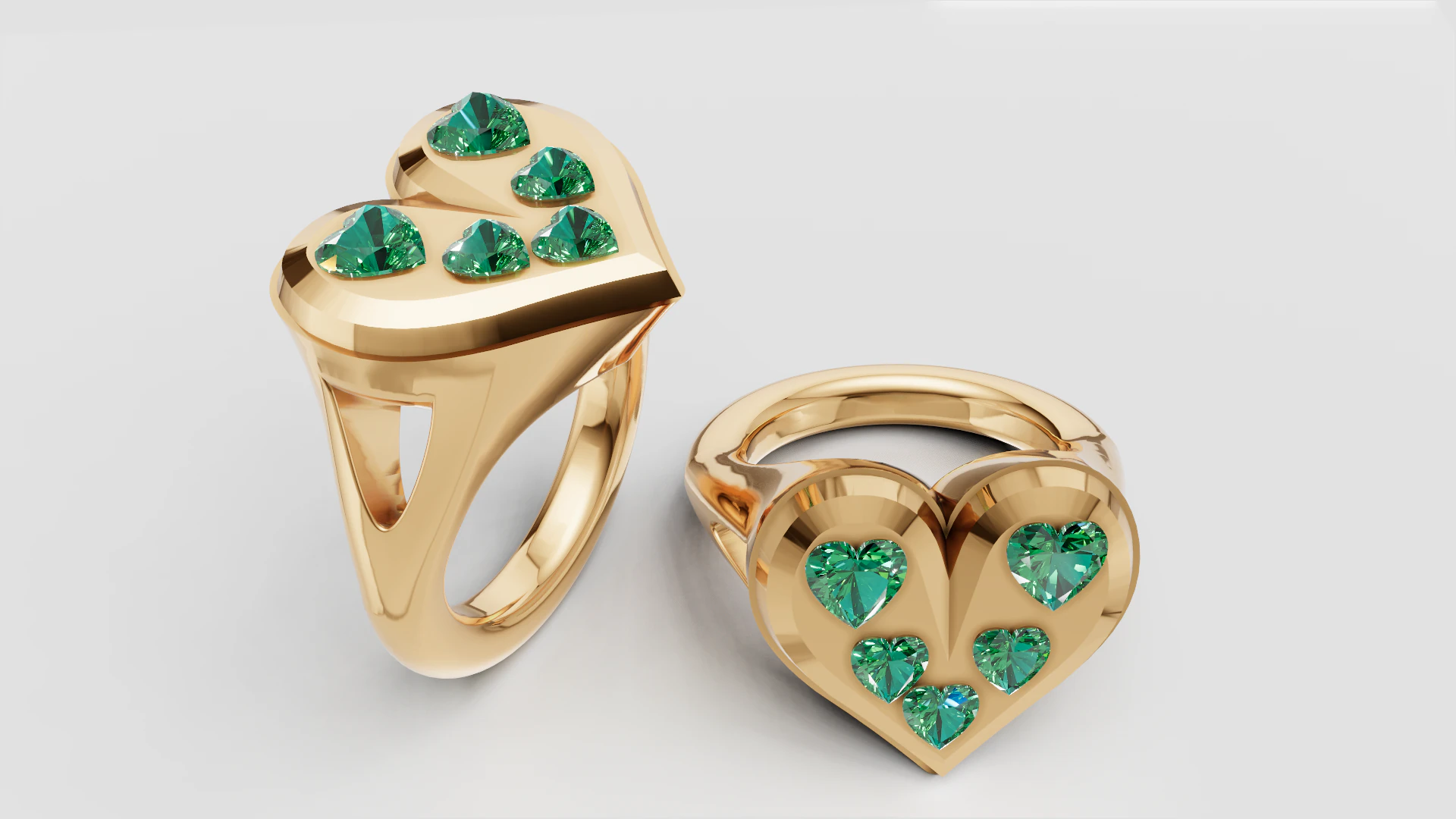 Emerald Heart Cascade Ring Luxury Gold Ring with Green Heart Gemstones 3D Print Model .c4d .max .obj .3ds .fbx .stl .blend 