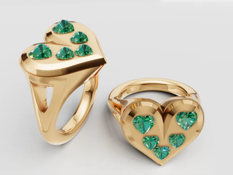 Cincin Kaskade Hati Zamrud Cincin Emas Mewah dengan Batu Permata Hati Hijau Model Cetak 3D