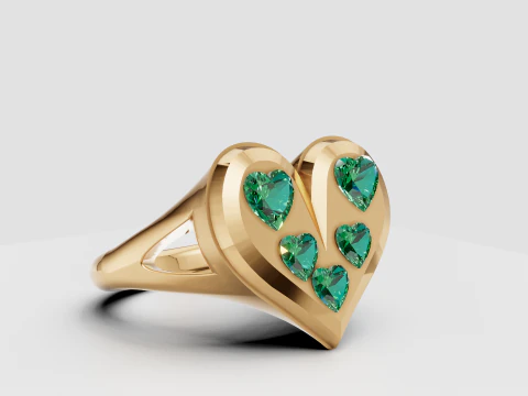 Emerald Heart Cascade Ring Luxury Gold Ring with Green Heart Gemstones 3D Print Model