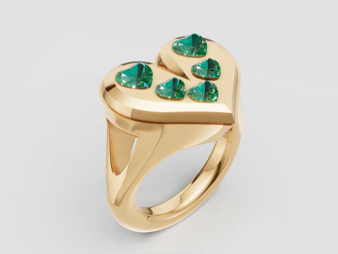 Emerald Heart Cascade Ring Luxury Gold Ring with Green Heart Gemstones 3D Print Model