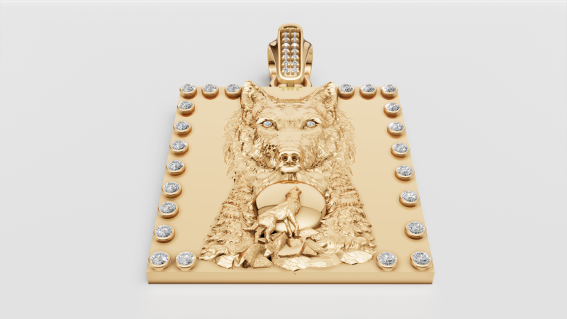 Ciondolo lupo guardiano lunare Totem del potere in oro con accenti di diamanti Modello di stampa 3D .c4d .max .obj .3ds .fbx .stl .blend 