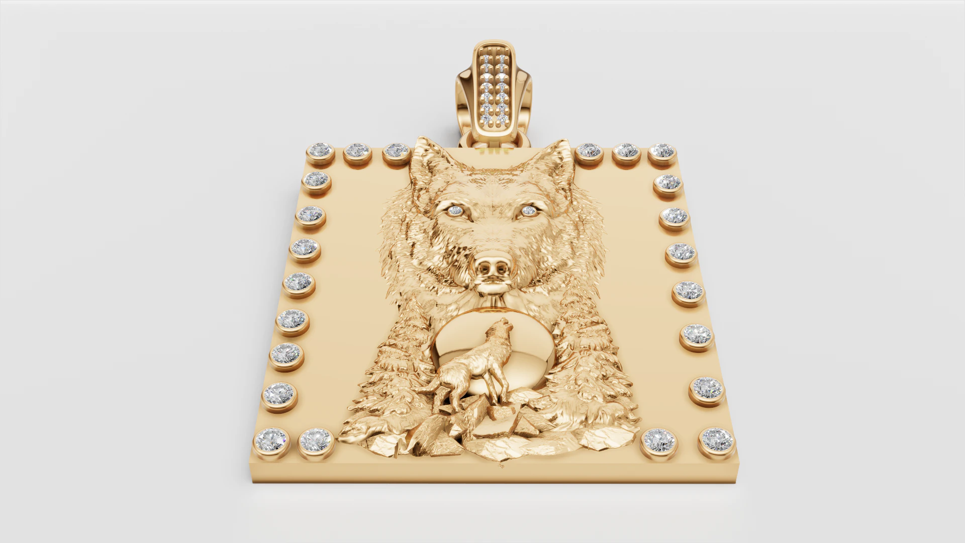 Lunar Guardian Wolf Pendant Diamond-Accented Gold Power Totem 3D Print Model .c4d .max .obj .3ds .fbx .stl .blend 