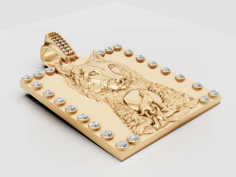 Lunar Guardian Wolf Pendant Diamond-Accented Gold Power Totem 3D Print Model