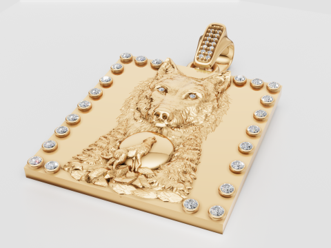 Ciondolo lupo guardiano lunare Totem del potere in oro con accenti di diamanti Modello di stampa 3D
