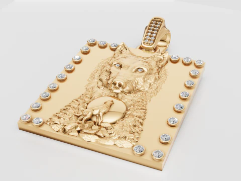 Lunar Guardian Wolf Pendant Diamond-Accented Gold Power Totem 3D Print Model