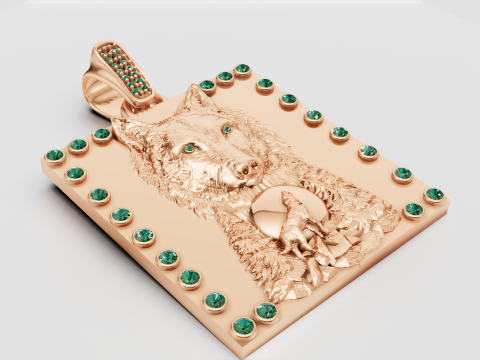 Ciondolo lupo guardiano lunare Totem del potere in oro con accenti di diamanti Modello di stampa 3D