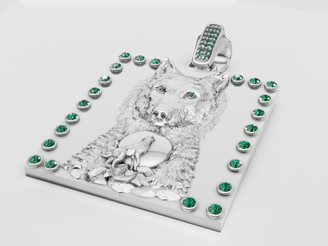 Ciondolo lupo guardiano lunare Totem del potere in oro con accenti di diamanti Modello di stampa 3D