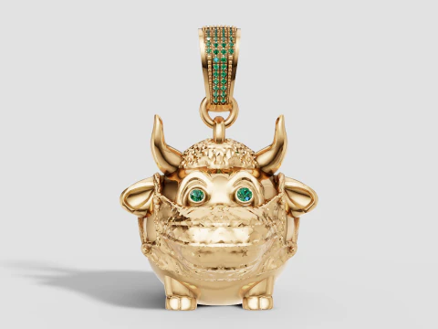 Liontin Banteng Penjaga Zamrud Pesona Karakter Emas Mewah Lucu Model Cetak 3D