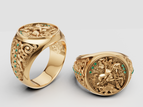 聖ジョージ ドラゴン スレイヤー リング インペリアル ゴールド シグネット エメラルド アクセント付き 3Dプリントモデル