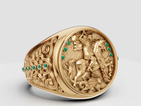 St. Georg der Drachent&ouml;ter-Ring, imperiales Goldsiegel mit Smaragdakzenten 3D Druckmodell