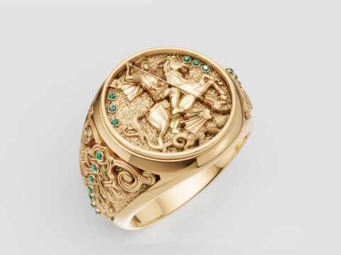 St. Georg der Drachent&ouml;ter-Ring, imperiales Goldsiegel mit Smaragdakzenten 3D Druckmodell
