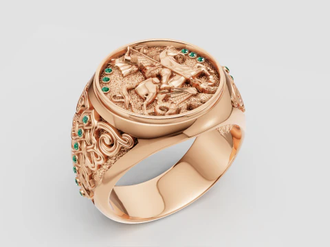St. Georg der Drachent&ouml;ter-Ring, imperiales Goldsiegel mit Smaragdakzenten 3D Druckmodell