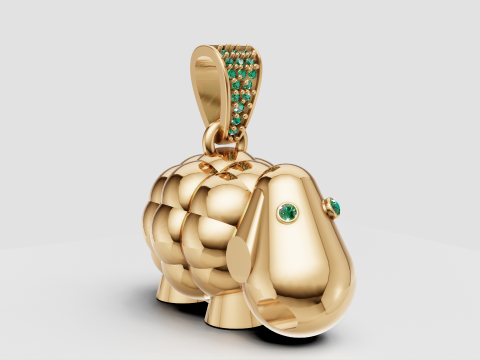 エメラルドアイの幸運の象ペンダント遊び心のあるゴールドチャーム、ジェムストーンベイル付き 3Dプリントモデル